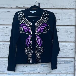 Vintage Ann 90s Y2K Trinity Butterfly Sequin Knit Embroidered Cardigan Sweater
